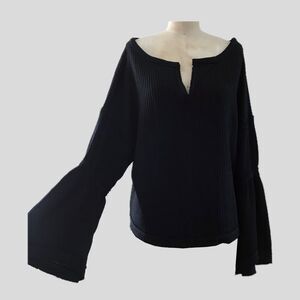 We The Free People Black Waffle Knit Long Bell Sleeve Oversized Top - S